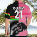 (Custom Text And Number) Penrith Panthers Rugby Hawaiian Shirt Proud The Panthers Comeback Black and Pink LT9