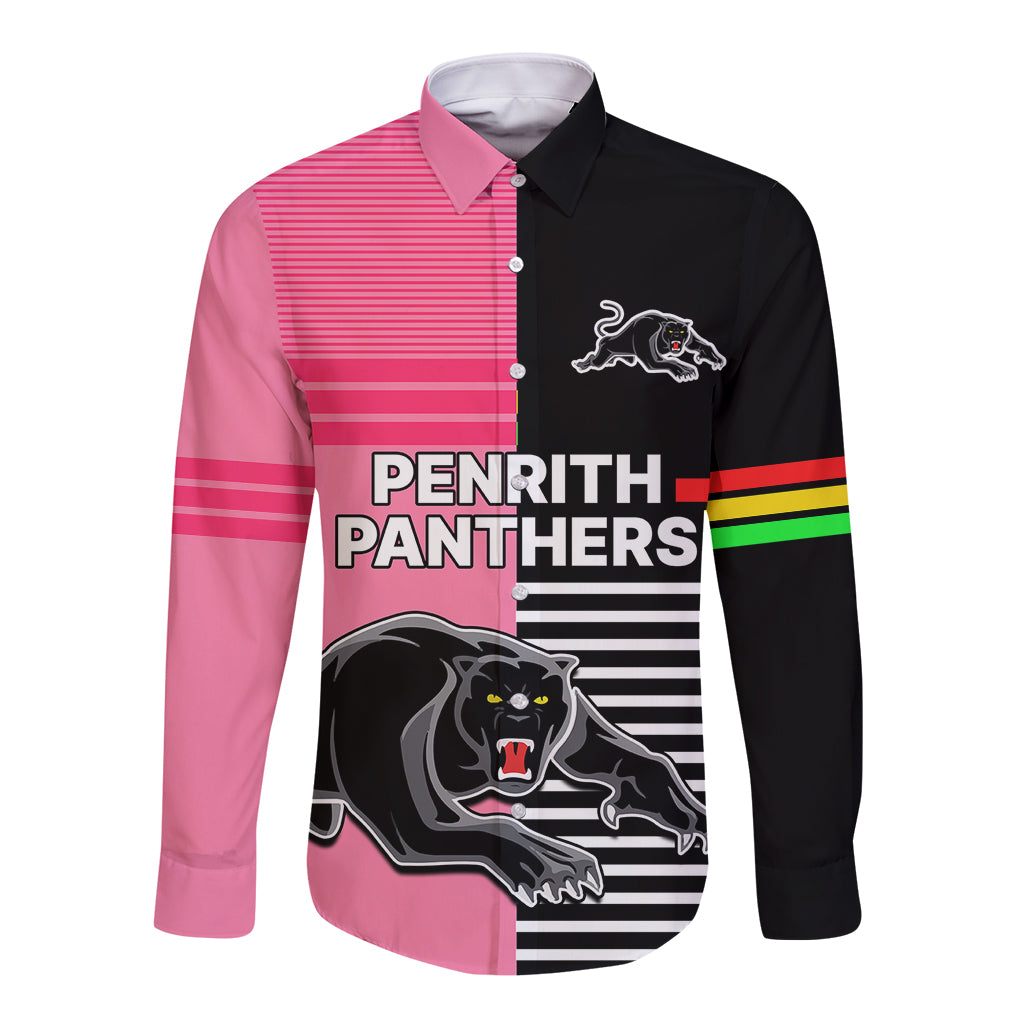 (Custom Text And Number) Penrith Panthers Rugby Long Sleeve Button Shirt Proud The Panthers Comeback Black and Pink LT9