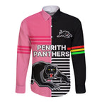 (Custom Text And Number) Penrith Panthers Rugby Long Sleeve Button Shirt Proud The Panthers Comeback Black and Pink LT9