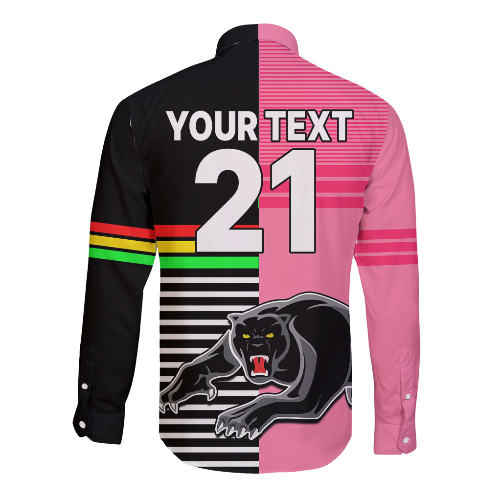 (Custom Text And Number) Penrith Panthers Rugby Long Sleeve Button Shirt Proud The Panthers Comeback Black and Pink LT9