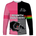 (Custom Text And Number) Penrith Panthers Rugby Long Sleeve Shirt Proud The Panthers Comeback Black and Pink LT9