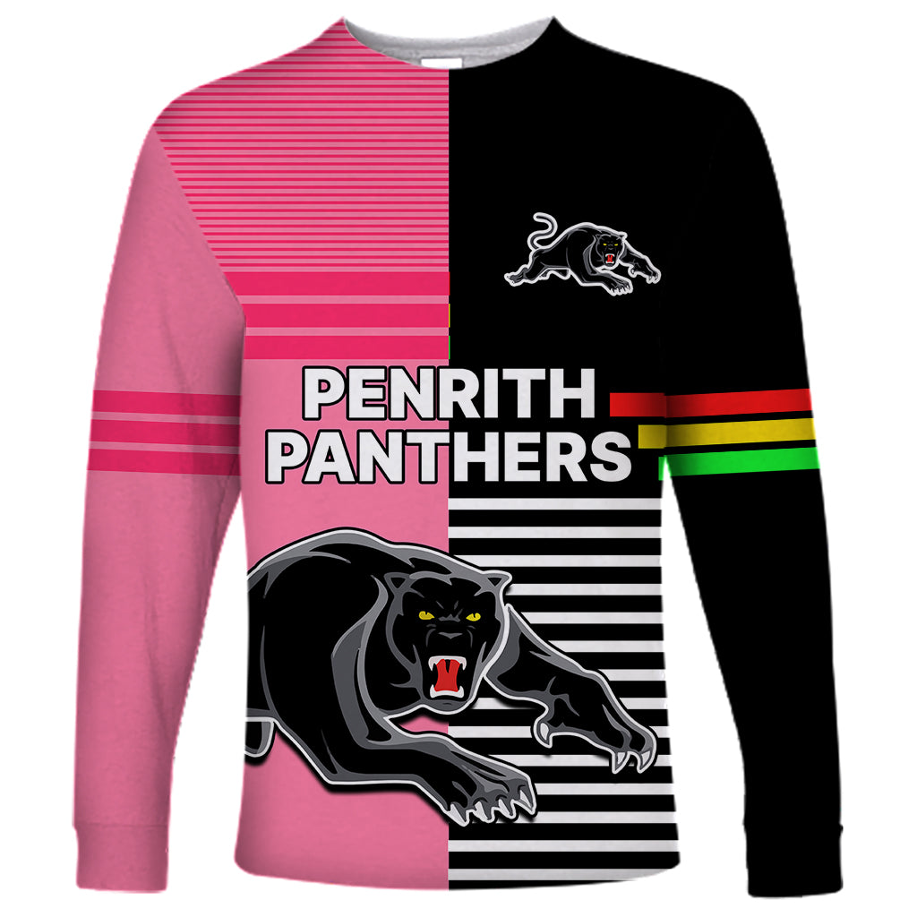 (Custom Text And Number) Penrith Panthers Rugby Long Sleeve Shirt Proud The Panthers Comeback Black and Pink LT9