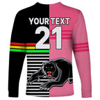 (Custom Text And Number) Penrith Panthers Rugby Long Sleeve Shirt Proud The Panthers Comeback Black and Pink LT9