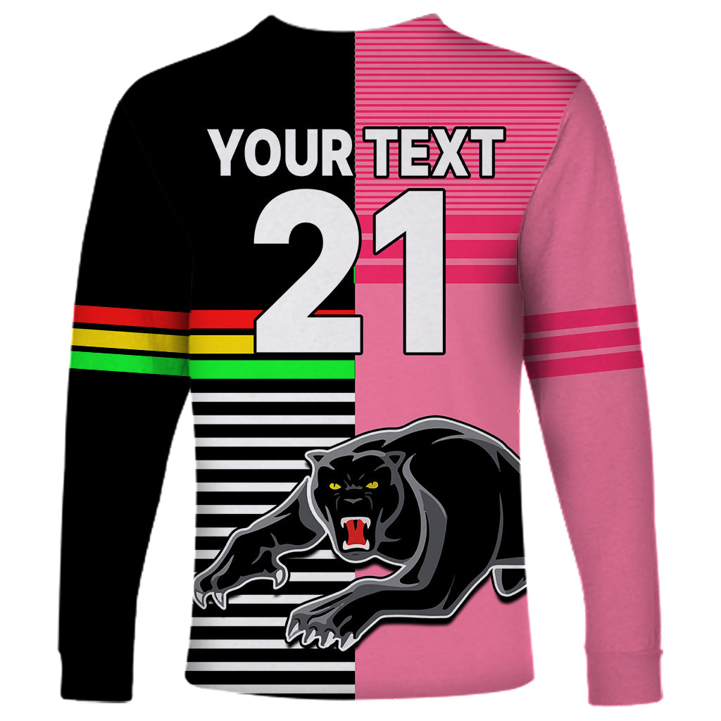 (Custom Text And Number) Penrith Panthers Rugby Long Sleeve Shirt Proud The Panthers Comeback Black and Pink LT9