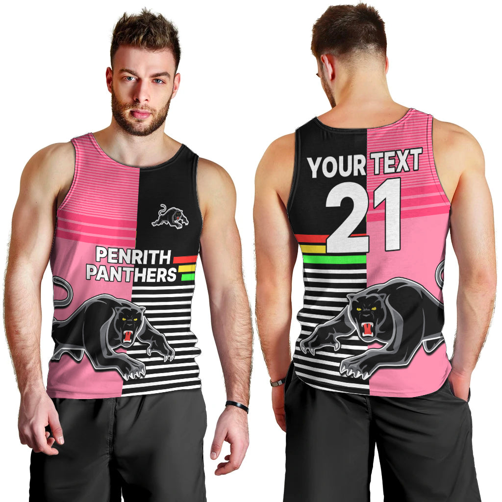 (Custom Text And Number) Penrith Panthers Rugby Men Tank Top Proud The Panthers Comeback Black and Pink LT9
