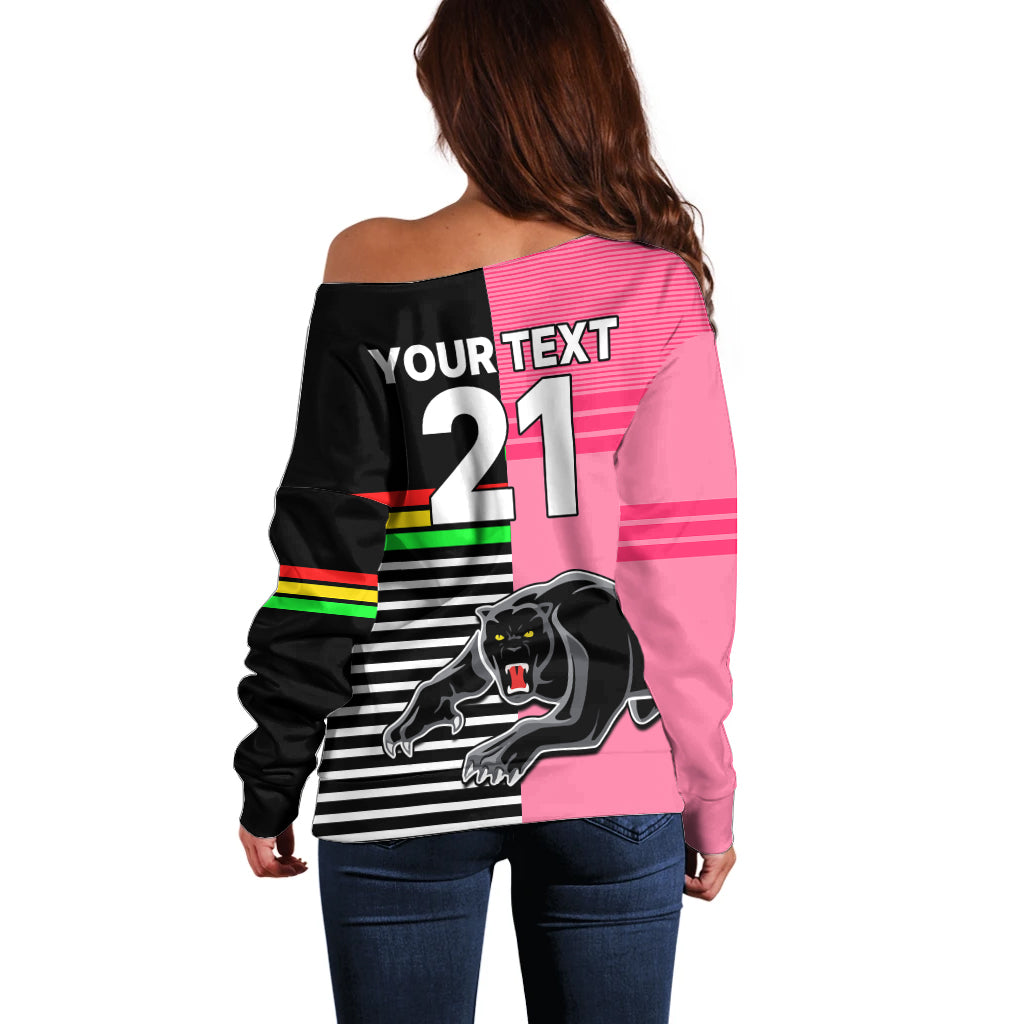(Custom Text And Number) Penrith Panthers Rugby Off Shoulder Sweater Proud The Panthers Comeback Black and Pink LT9
