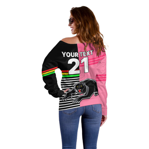 (Custom Text And Number) Penrith Panthers Rugby Off Shoulder Sweater Proud The Panthers Comeback Black and Pink LT9