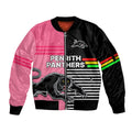 (Custom Text And Number) Penrith Panthers Rugby Sleeve Zip Bomber Jacket Proud The Panthers Comeback Black and Pink LT9