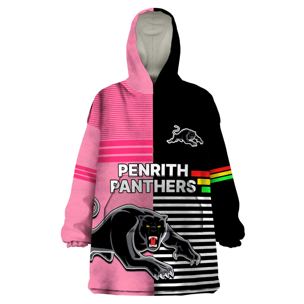 (Custom Text And Number) Penrith Panthers Rugby Wearable Blanket Hoodie Proud The Panthers Comeback Black and Pink LT9