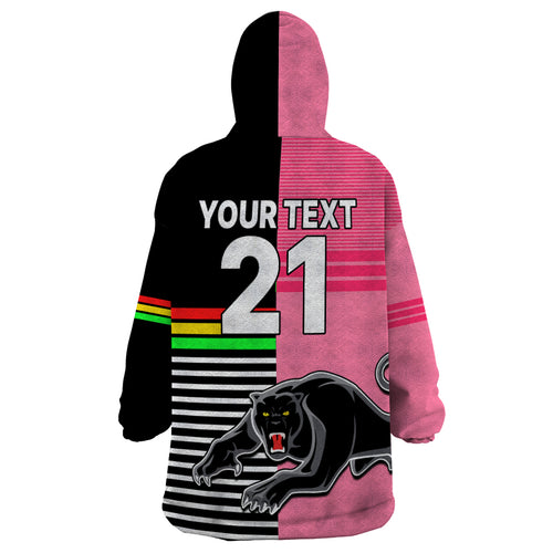 (Custom Text And Number) Penrith Panthers Rugby Wearable Blanket Hoodie Proud The Panthers Comeback Black and Pink LT9