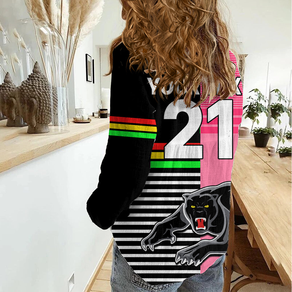 (Custom Text And Number) Penrith Panthers Rugby Women Casual Shirt Proud The Panthers Comeback Black and Pink LT9