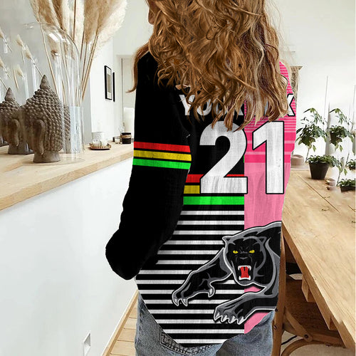 (Custom Text And Number) Penrith Panthers Rugby Women Casual Shirt Proud The Panthers Comeback Black and Pink LT9