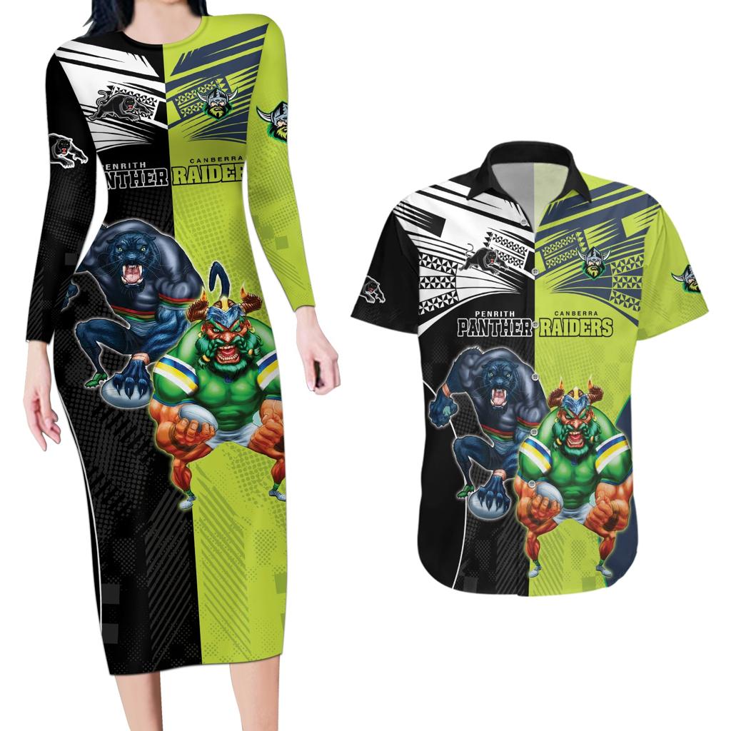 Custom Raiders and Panthers Couples Matching Long Sleeve Bodycon Dress and Hawaiian Shirt Together Sporty Style