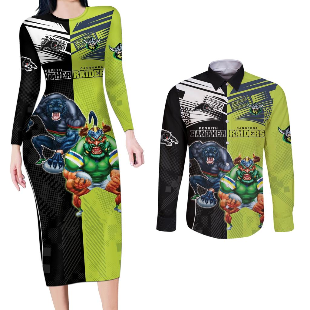 Custom Raiders and Panthers Couples Matching Long Sleeve Bodycon Dress and Long Sleeve Button Shirt Together Sporty Style
