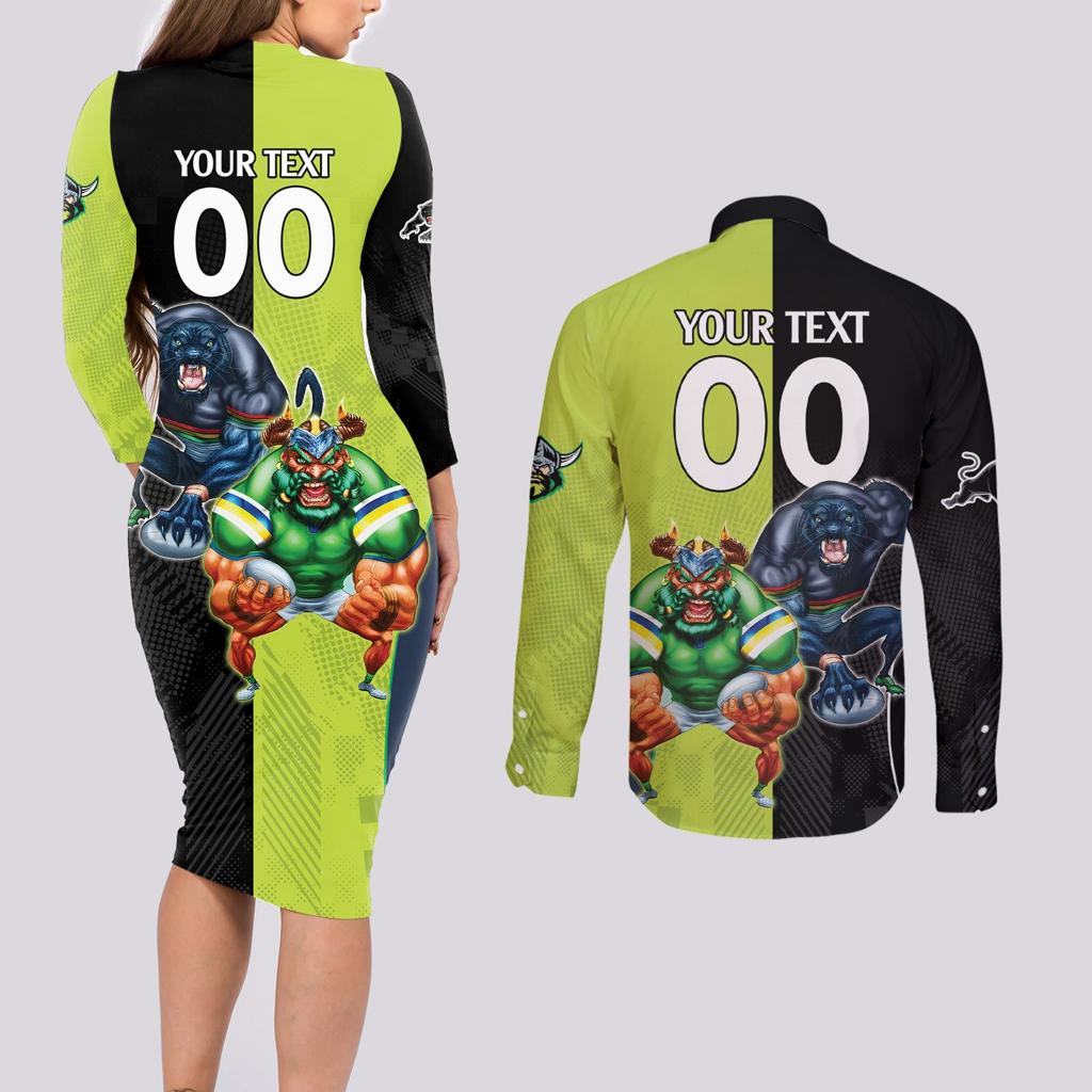 Custom Raiders and Panthers Couples Matching Long Sleeve Bodycon Dress and Long Sleeve Button Shirt Together Sporty Style