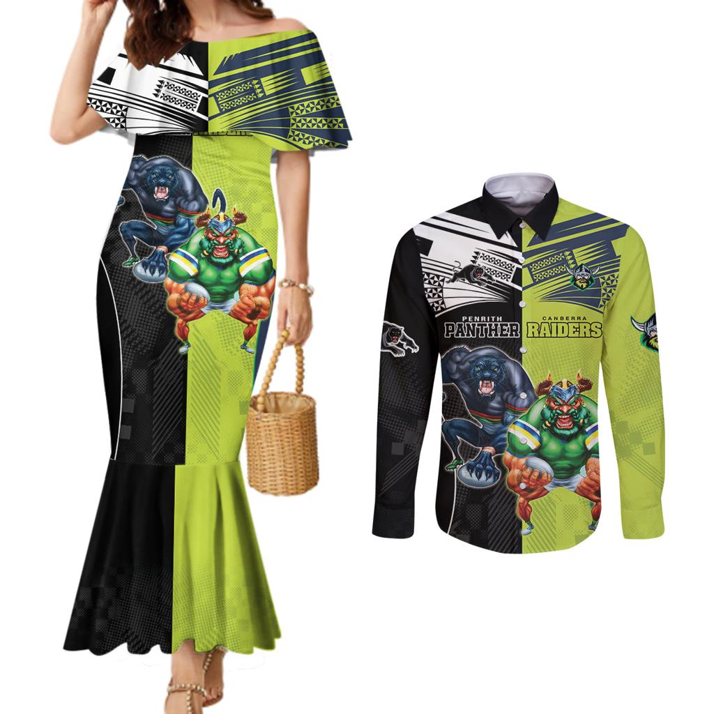 Custom Raiders and Panthers Couples Matching Mermaid Dress and Long Sleeve Button Shirt Together Sporty Style