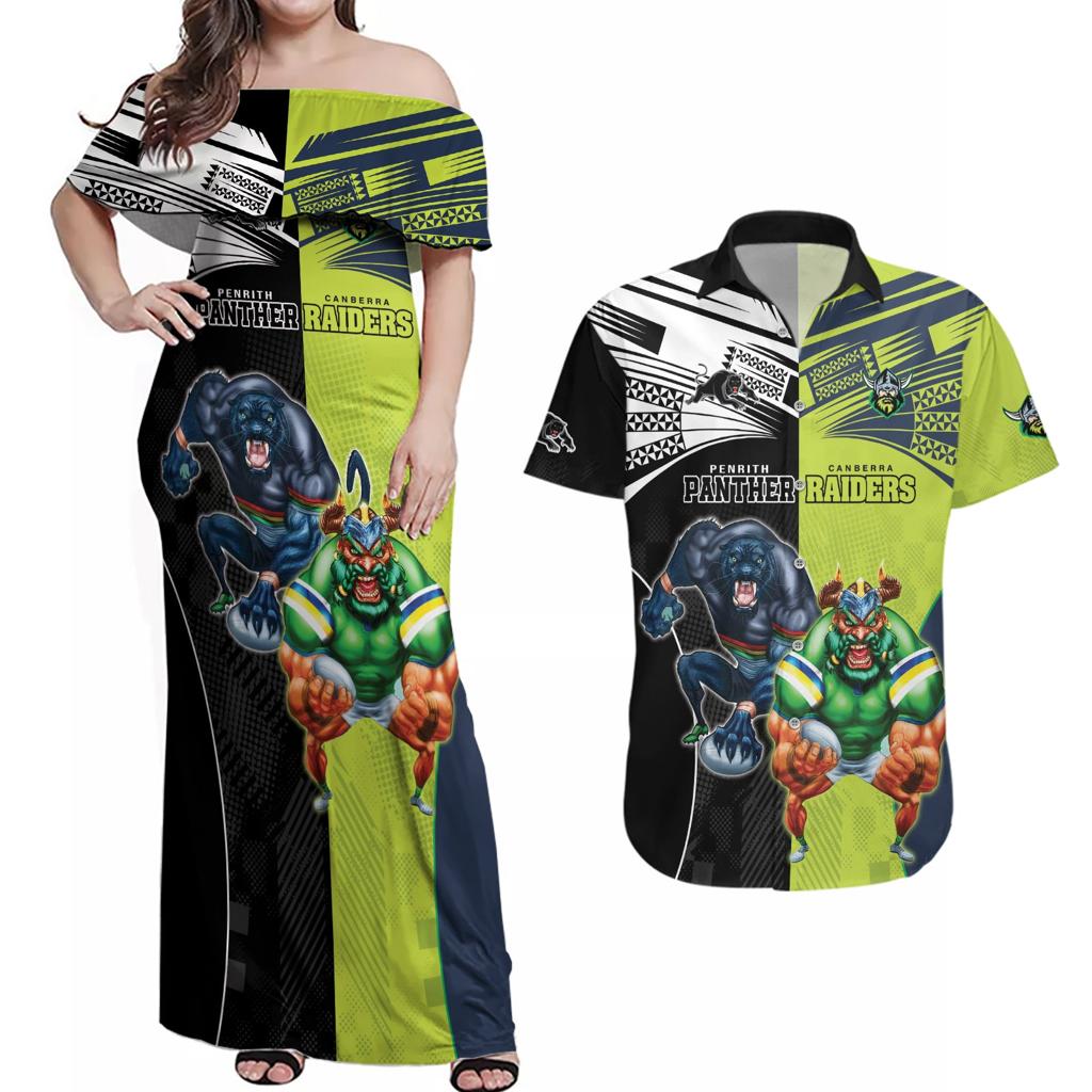 Custom Raiders and Panthers Couples Matching Off Shoulder Maxi Dress and Hawaiian Shirt Together Sporty Style