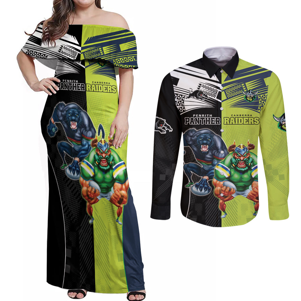 Custom Raiders and Panthers Couples Matching Off Shoulder Maxi Dress and Long Sleeve Button Shirt Together Sporty Style