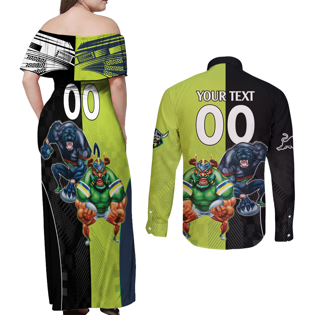 Custom Raiders and Panthers Couples Matching Off Shoulder Maxi Dress and Long Sleeve Button Shirt Together Sporty Style