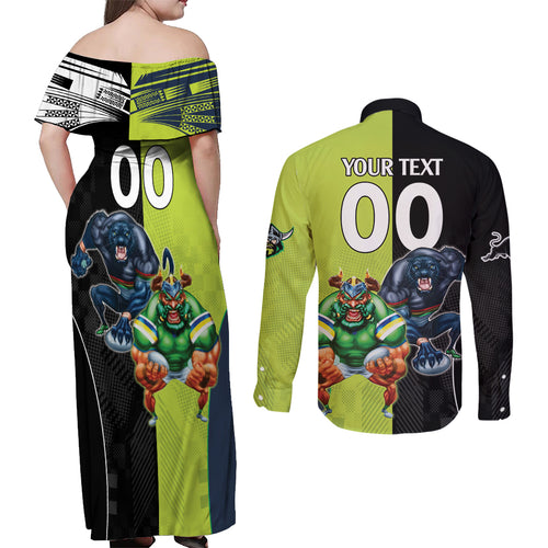 Custom Raiders and Panthers Couples Matching Off Shoulder Maxi Dress and Long Sleeve Button Shirt Together Sporty Style