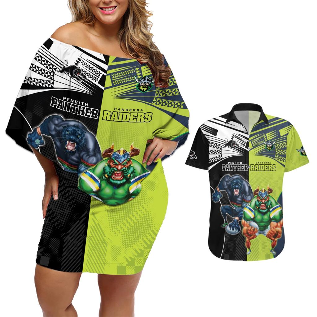 Custom Raiders and Panthers Couples Matching Off Shoulder Short Dress and Hawaiian Shirt Together Sporty Style