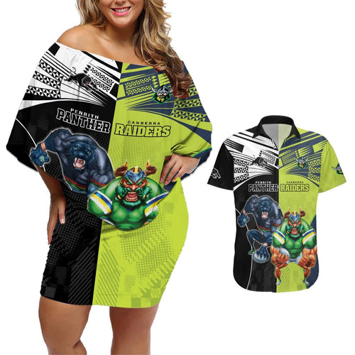 Custom Raiders and Panthers Couples Matching Off Shoulder Short Dress and Hawaiian Shirt Together Sporty Style