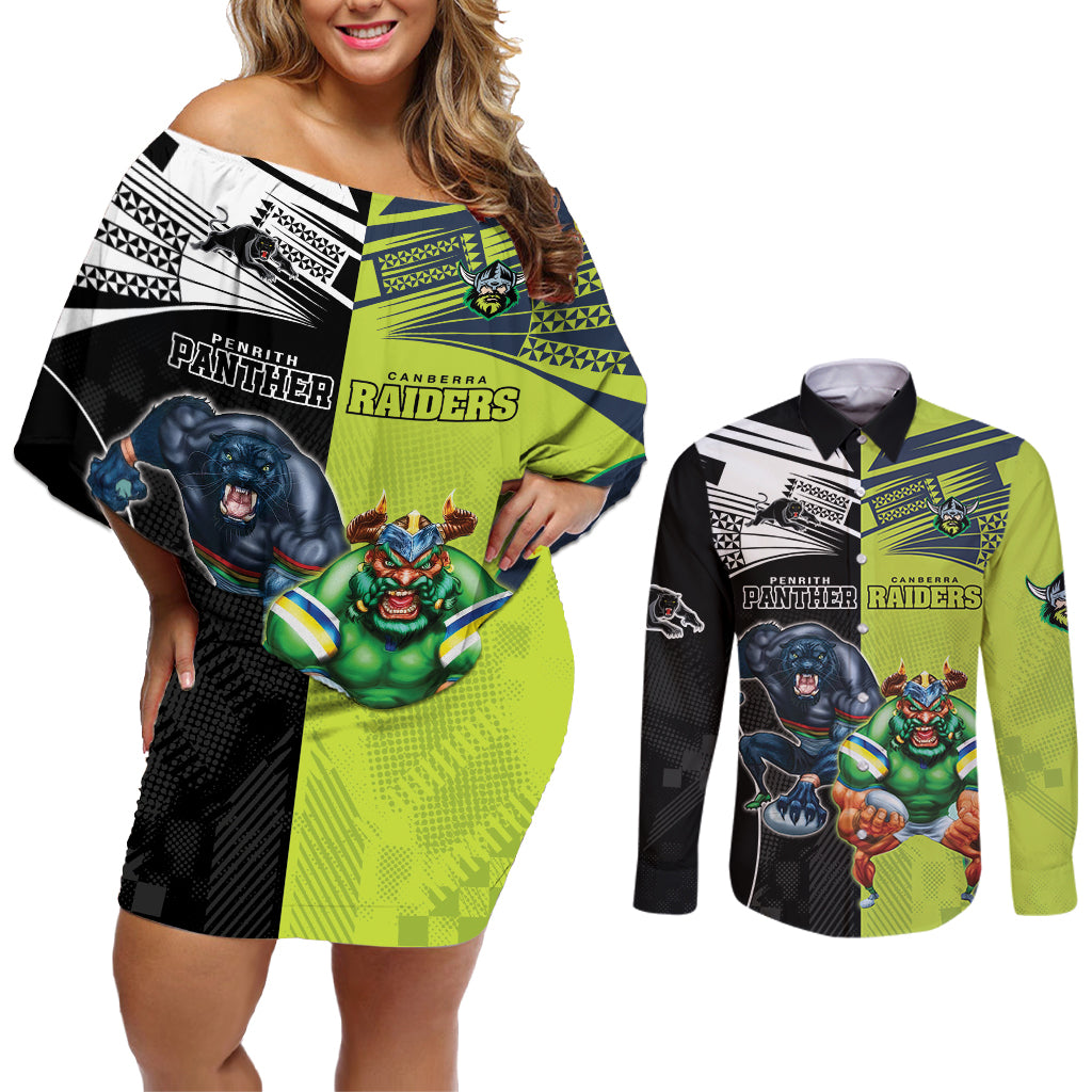 Custom Raiders and Panthers Couples Matching Off Shoulder Short Dress and Long Sleeve Button Shirt Together Sporty Style