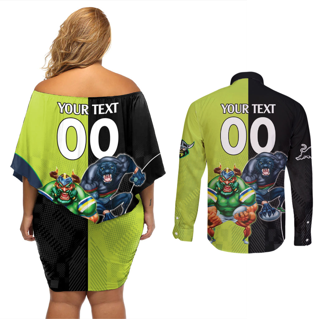 Custom Raiders and Panthers Couples Matching Off Shoulder Short Dress and Long Sleeve Button Shirt Together Sporty Style