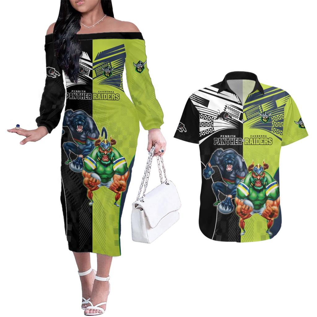 Custom Raiders and Panthers Couples Matching Off The Shoulder Long Sleeve Dress and Hawaiian Shirt Together Sporty Style