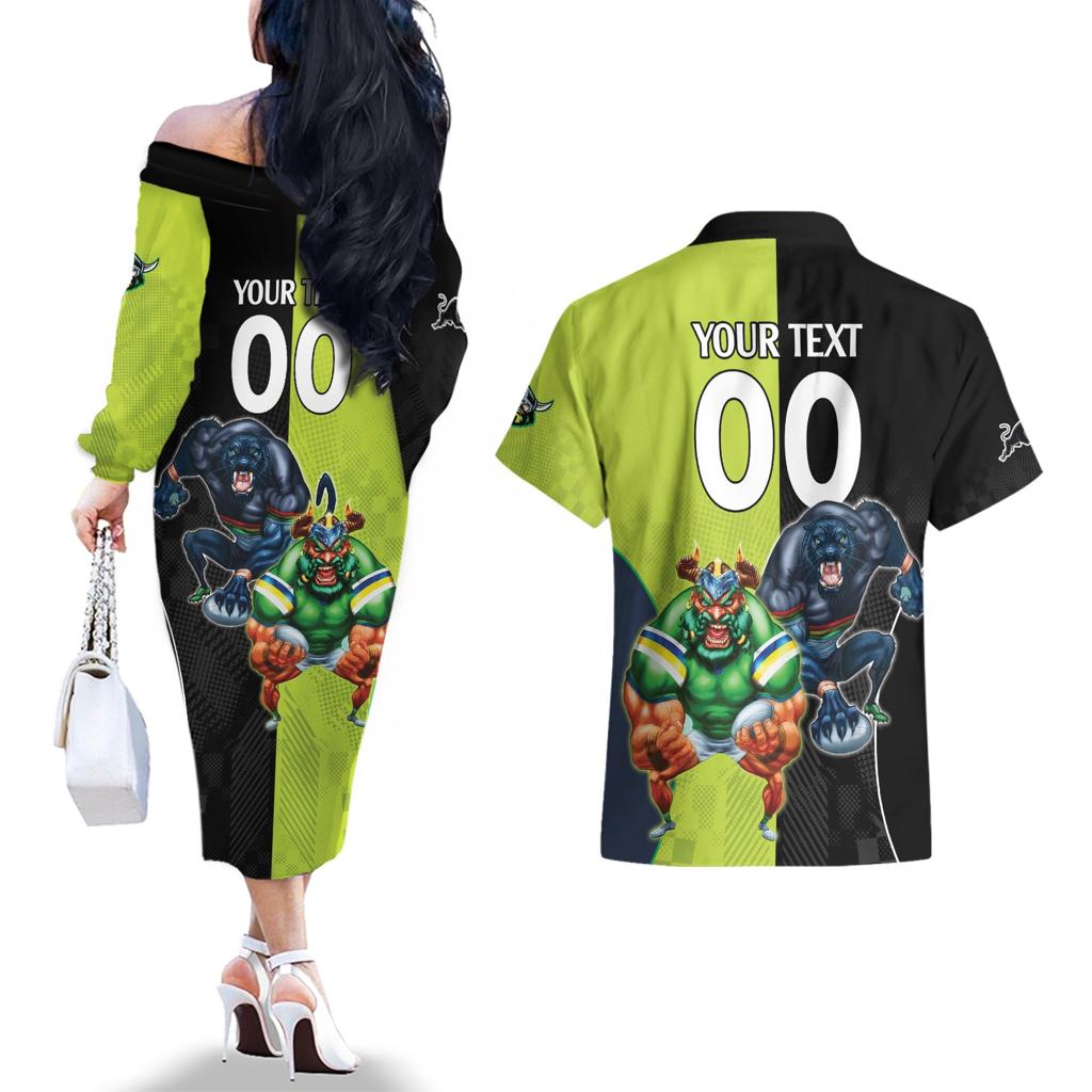 Custom Raiders and Panthers Couples Matching Off The Shoulder Long Sleeve Dress and Hawaiian Shirt Together Sporty Style