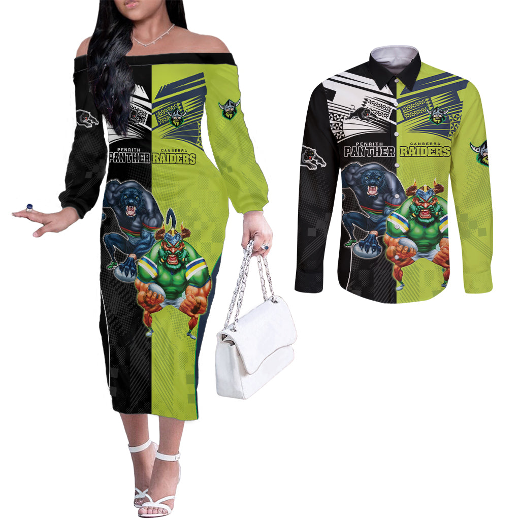 Custom Raiders and Panthers Couples Matching Off The Shoulder Long Sleeve Dress and Long Sleeve Button Shirt Together Sporty Style