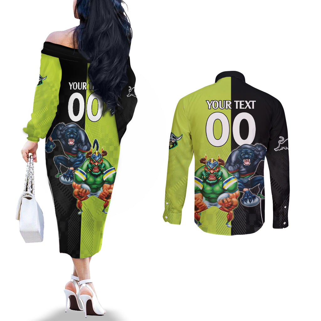 Custom Raiders and Panthers Couples Matching Off The Shoulder Long Sleeve Dress and Long Sleeve Button Shirt Together Sporty Style