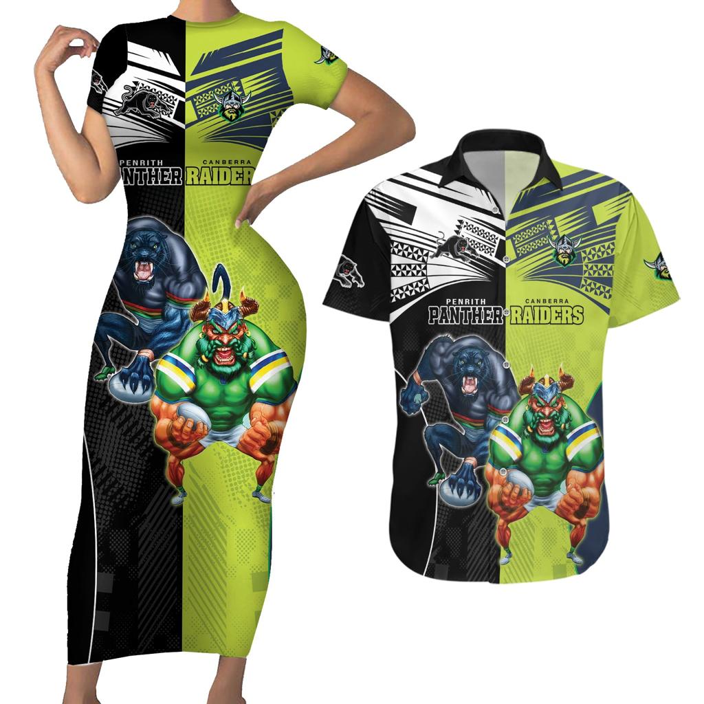 Custom Raiders and Panthers Couples Matching Short Sleeve Bodycon Dress and Hawaiian Shirt Together Sporty Style