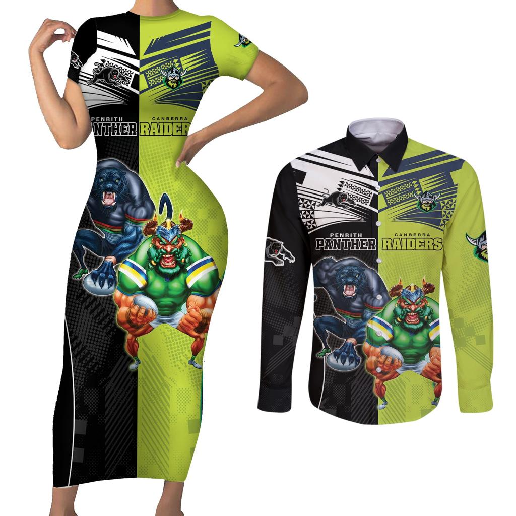 Custom Raiders and Panthers Couples Matching Short Sleeve Bodycon Dress and Long Sleeve Button Shirt Together Sporty Style