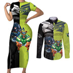 Custom Raiders and Panthers Couples Matching Short Sleeve Bodycon Dress and Long Sleeve Button Shirt Together Sporty Style
