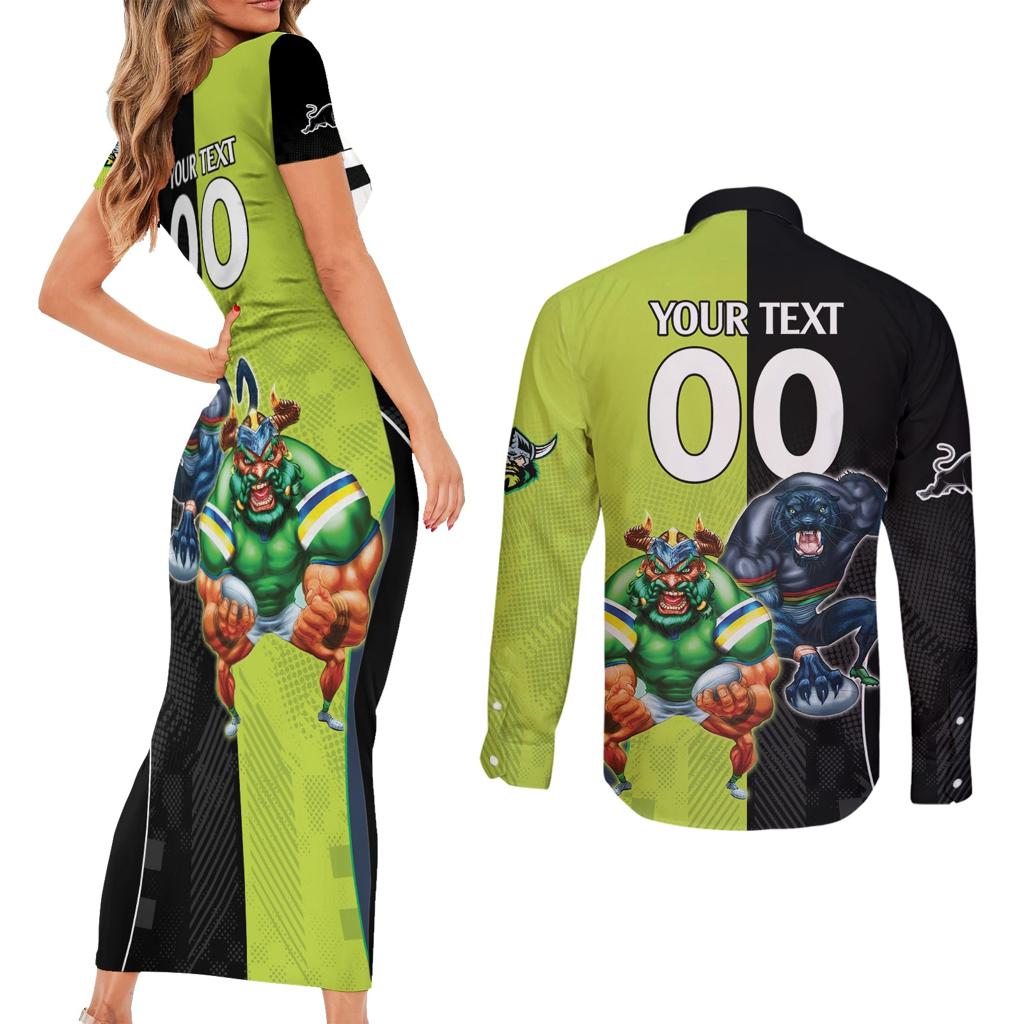 Custom Raiders and Panthers Couples Matching Short Sleeve Bodycon Dress and Long Sleeve Button Shirt Together Sporty Style