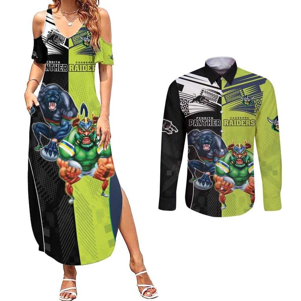 Custom Raiders and Panthers Couples Matching Summer Maxi Dress and Long Sleeve Button Shirt Together Sporty Style