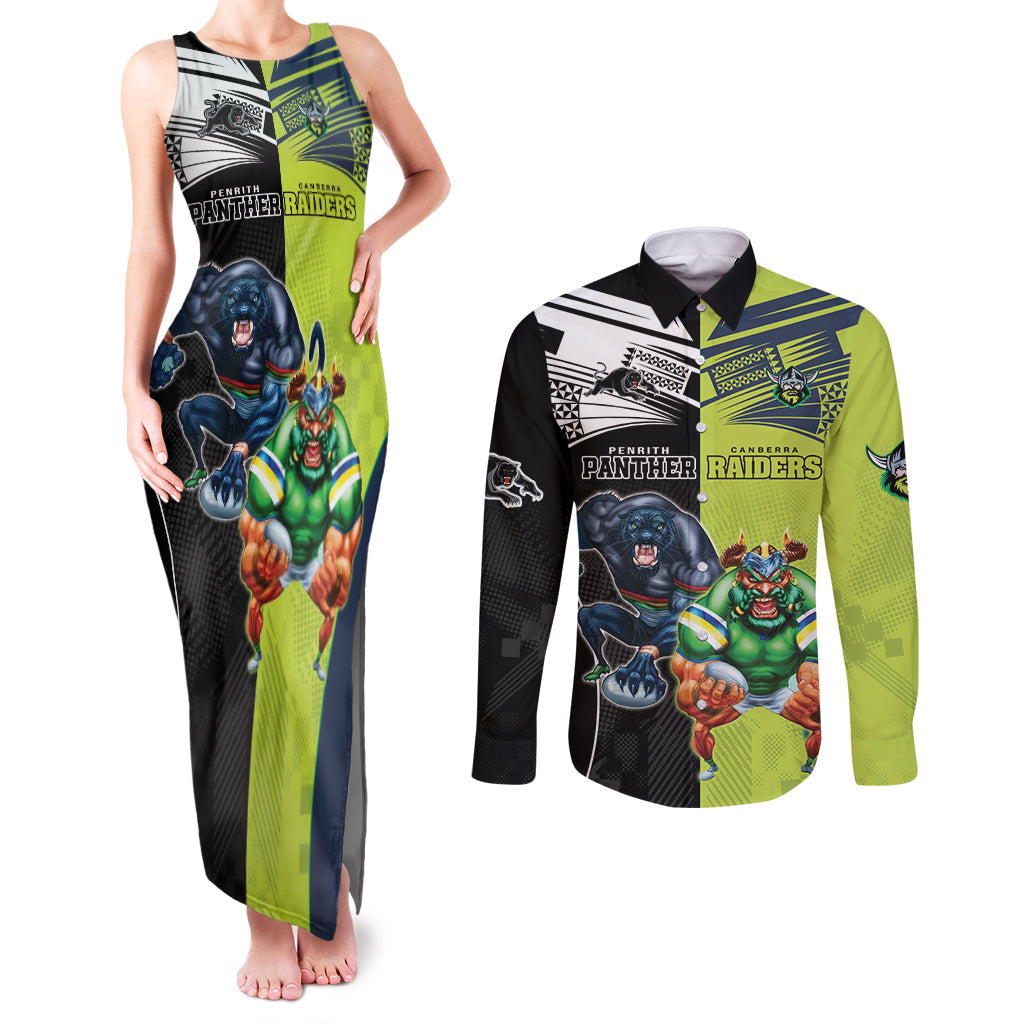 Custom Raiders and Panthers Couples Matching Tank Maxi Dress and Long Sleeve Button Shirt Together Sporty Style