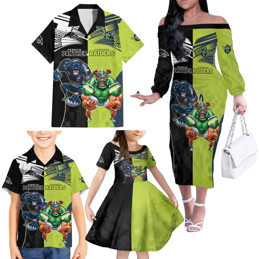 Custom Raiders and Panthers Family Matching Off The Shoulder Long Sleeve Dress and Hawaiian Shirt Together Sporty Style