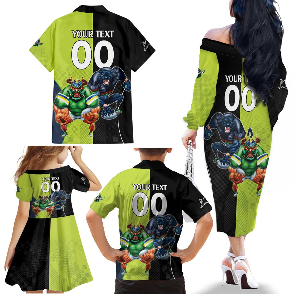 Custom Raiders and Panthers Family Matching Off The Shoulder Long Sleeve Dress and Hawaiian Shirt Together Sporty Style
