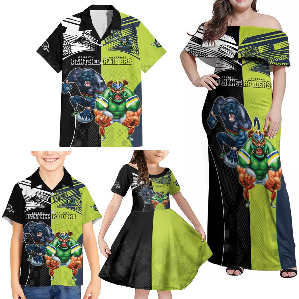 Custom Raiders and Panthers Family Matching Off Shoulder Maxi Dress and Hawaiian Shirt Together Sporty Style