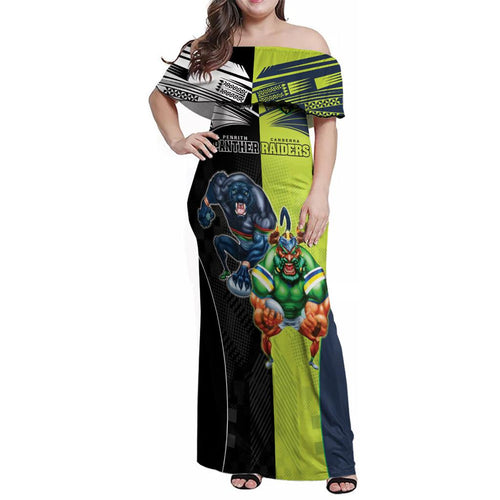 Custom Raiders and Panthers Family Matching Off Shoulder Maxi Dress and Hawaiian Shirt Together Sporty Style