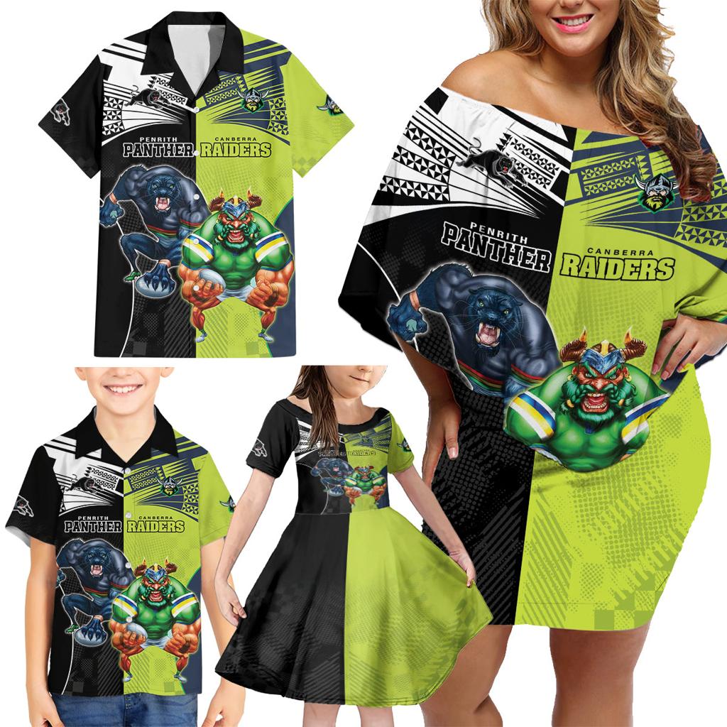 Custom Raiders and Panthers Family Matching Off Shoulder Short Dress and Hawaiian Shirt Together Sporty Style