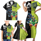 Custom Raiders and Panthers Family Matching Short Sleeve Bodycon Dress and Hawaiian Shirt Together Sporty Style