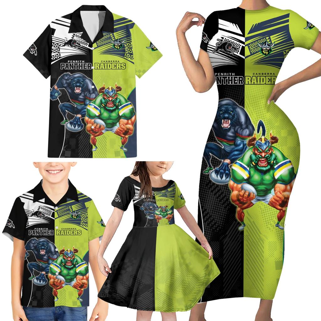 Custom Raiders and Panthers Family Matching Short Sleeve Bodycon Dress and Hawaiian Shirt Together Sporty Style