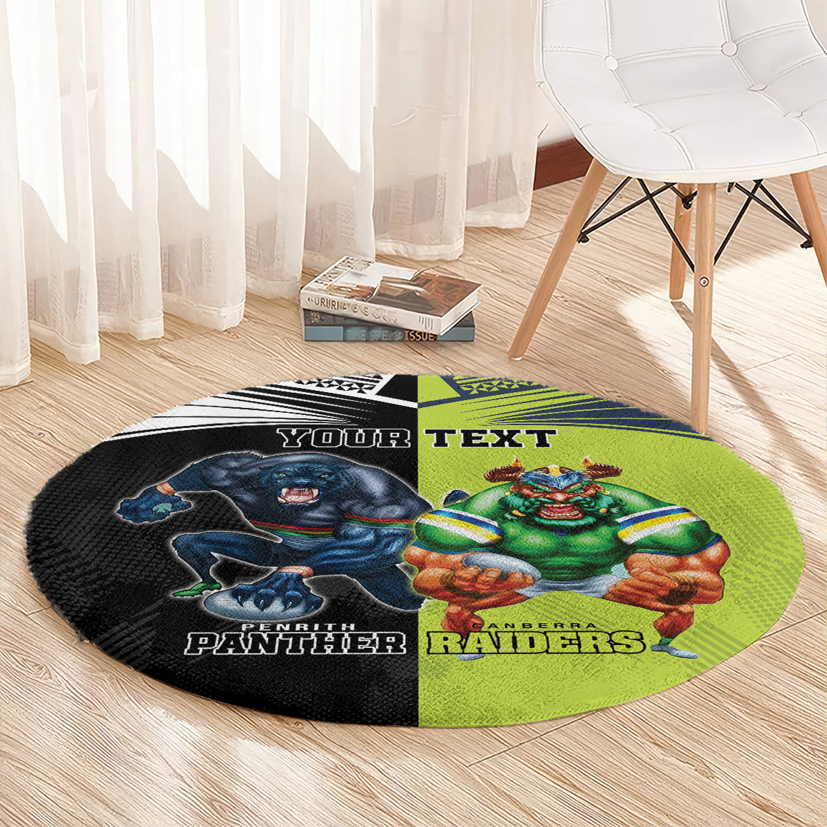 Custom Raiders and Panthers Round Carpet Together Sporty Style