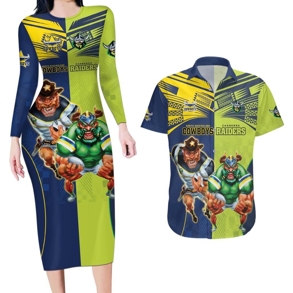 Custom Raiders and Cowboys Couples Matching Long Sleeve Bodycon Dress and Hawaiian Shirt Together Sporty Style