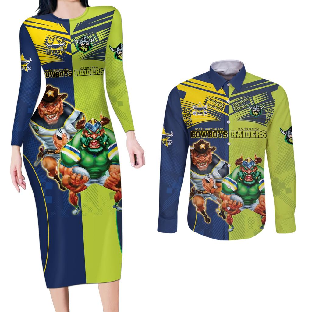Custom Raiders and Cowboys Couples Matching Long Sleeve Bodycon Dress and Long Sleeve Button Shirt Together Sporty Style