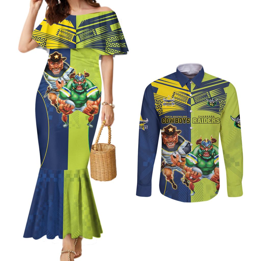 Custom Raiders and Cowboys Couples Matching Mermaid Dress and Long Sleeve Button Shirt Together Sporty Style