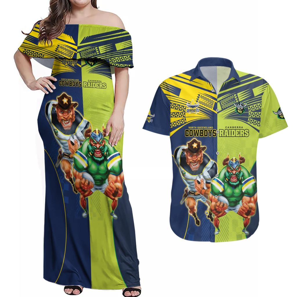 Custom Raiders and Cowboys Couples Matching Off Shoulder Maxi Dress and Hawaiian Shirt Together Sporty Style